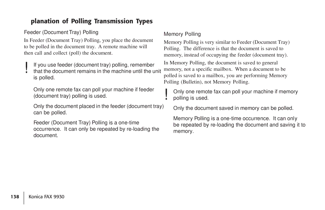 Konica Minolta Fax 9930 user manual Explanation of Polling Transmission Types, Feeder Document Tray Polling, Memory Polling 