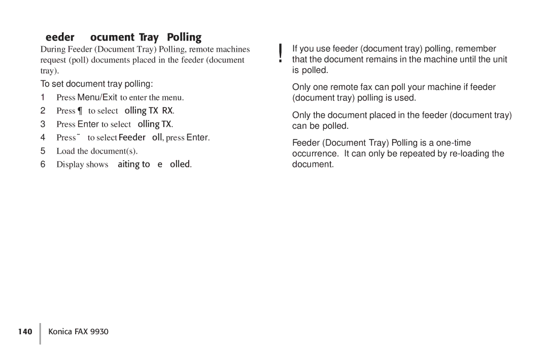 Konica Minolta Fax 9930 Feeder Document Tray Polling, To set document tray polling, Display shows Waiting to be Polled 