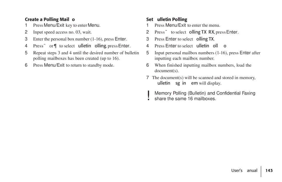 Konica Minolta Fax 9930 user manual Create a Polling Mailbox, Set Bulletin Polling, Press Enter to select Bulletin Poll Box 