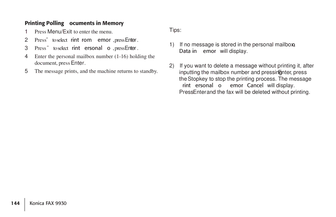 Konica Minolta Fax 9930 user manual Printing Polling Documents in Memory 