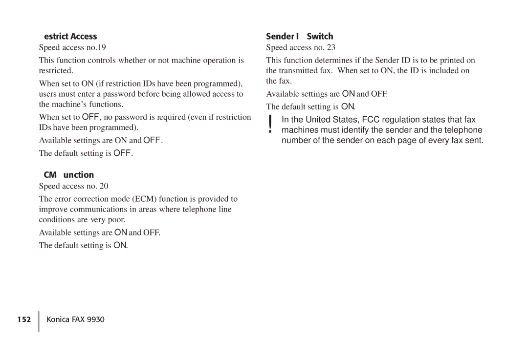 Konica Minolta Fax 9930 user manual Restrict Access, ECM Function, Sender ID Switch 