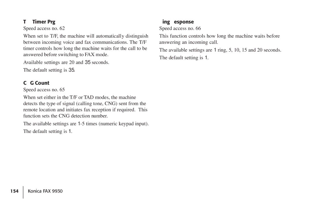 Konica Minolta Fax 9930 user manual Timer Prg, CNG Count, Ring Response 