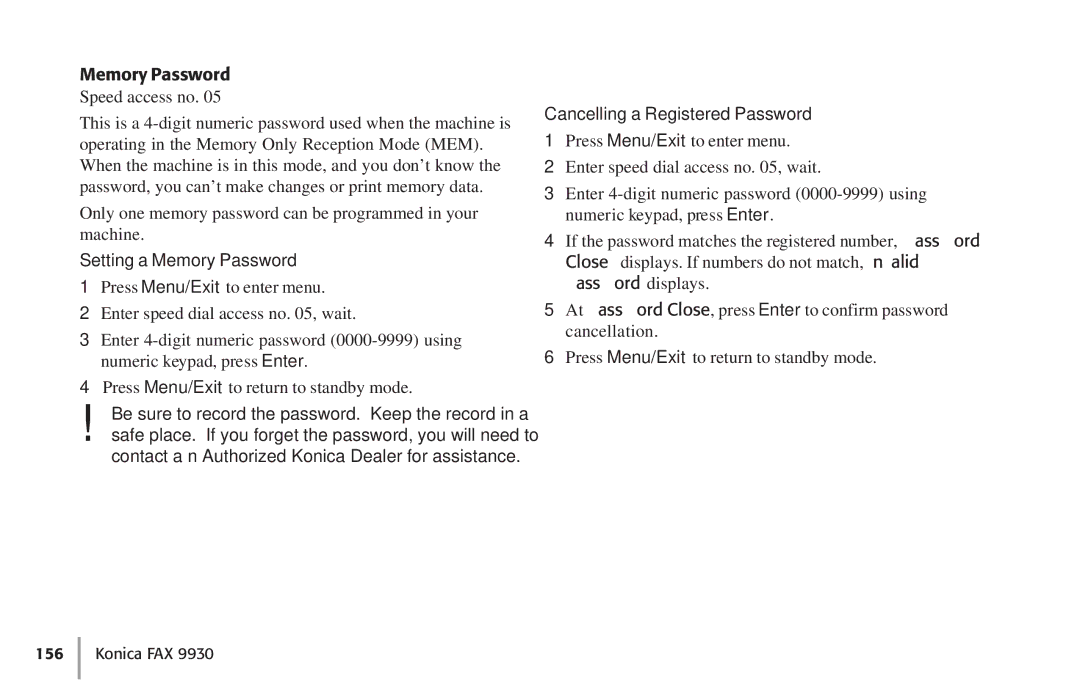 Konica Minolta Fax 9930 user manual Setting a Memory Password, Cancelling a Registered Password 