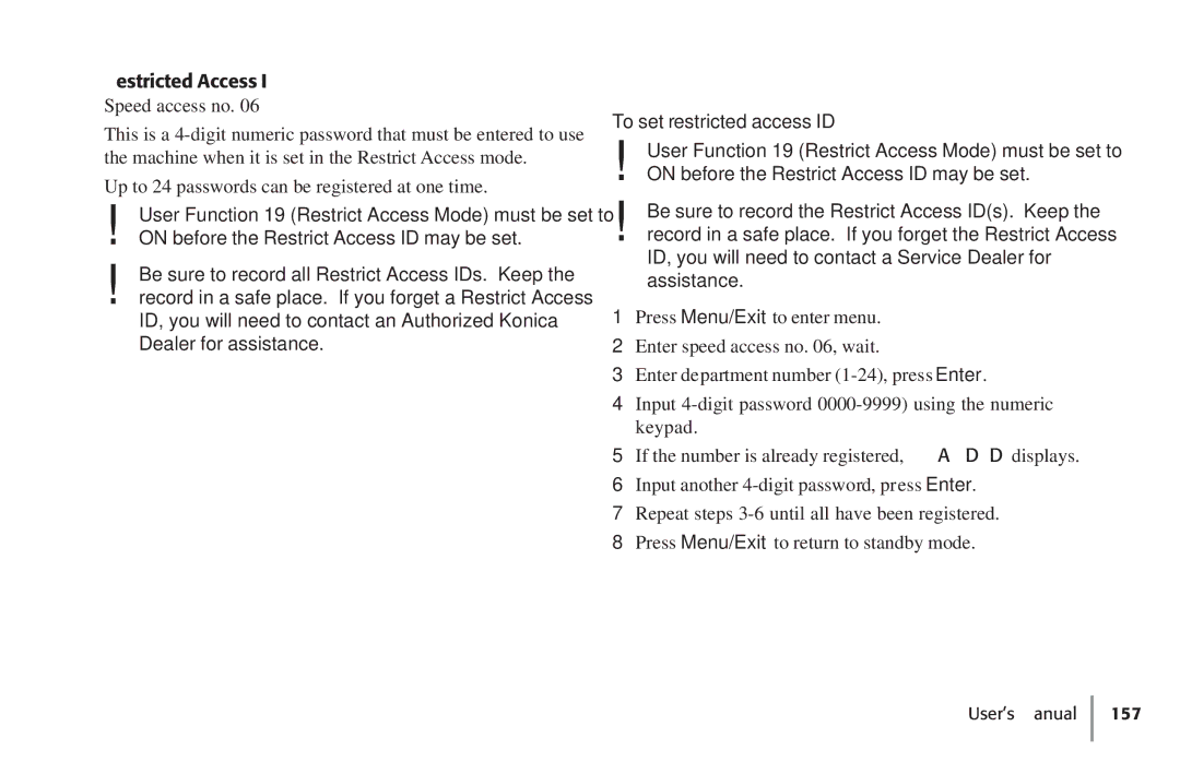 Konica Minolta Fax 9930 user manual Restricted Access ID, To set restricted access ID 