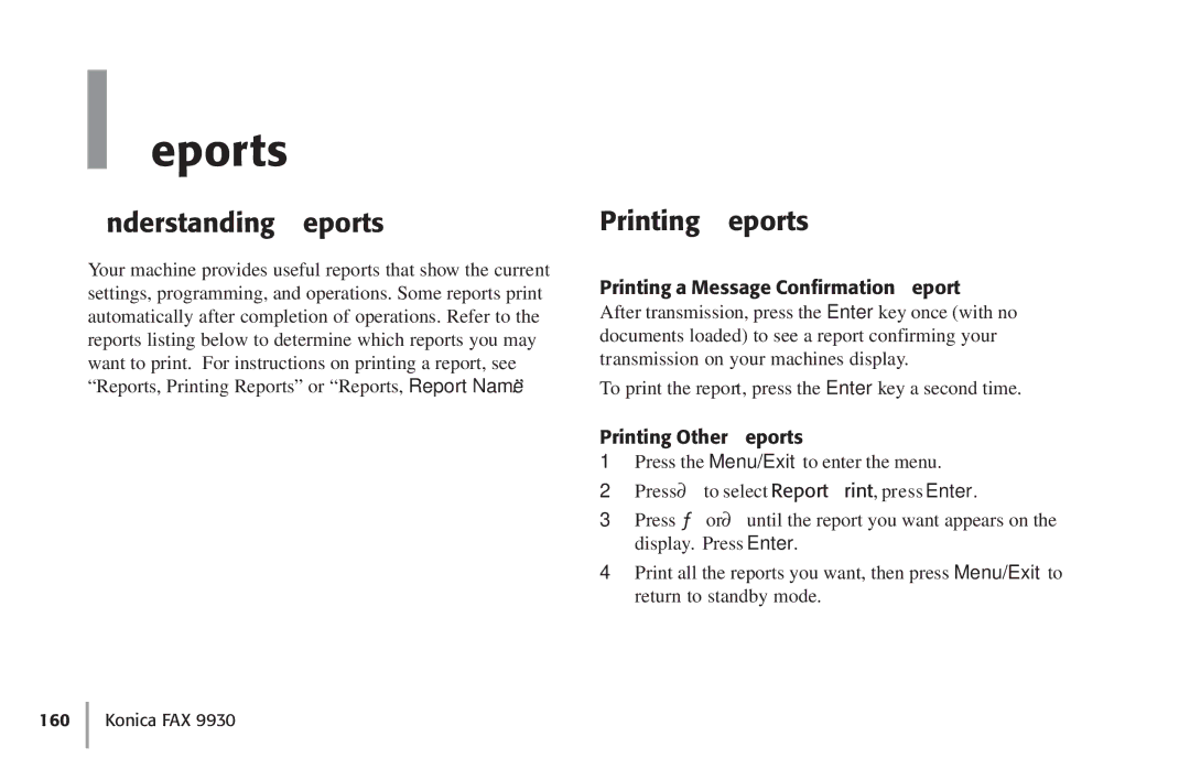 Konica Minolta Fax 9930 user manual Understanding Reports, Printing Reports, Printing a Message Confirmation Report 