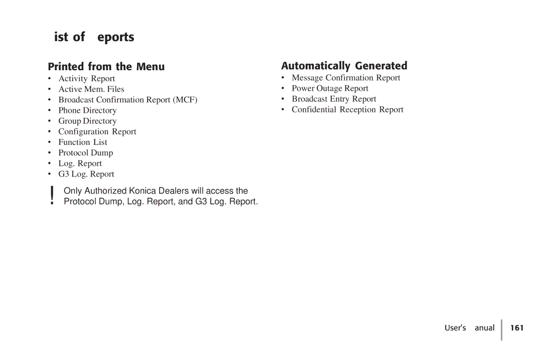 Konica Minolta Fax 9930 user manual List of Reports, Printed from the Menu, Automatically Generated 