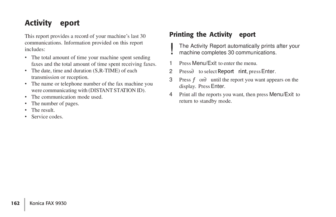 Konica Minolta Fax 9930 user manual Printing the Activity Report 