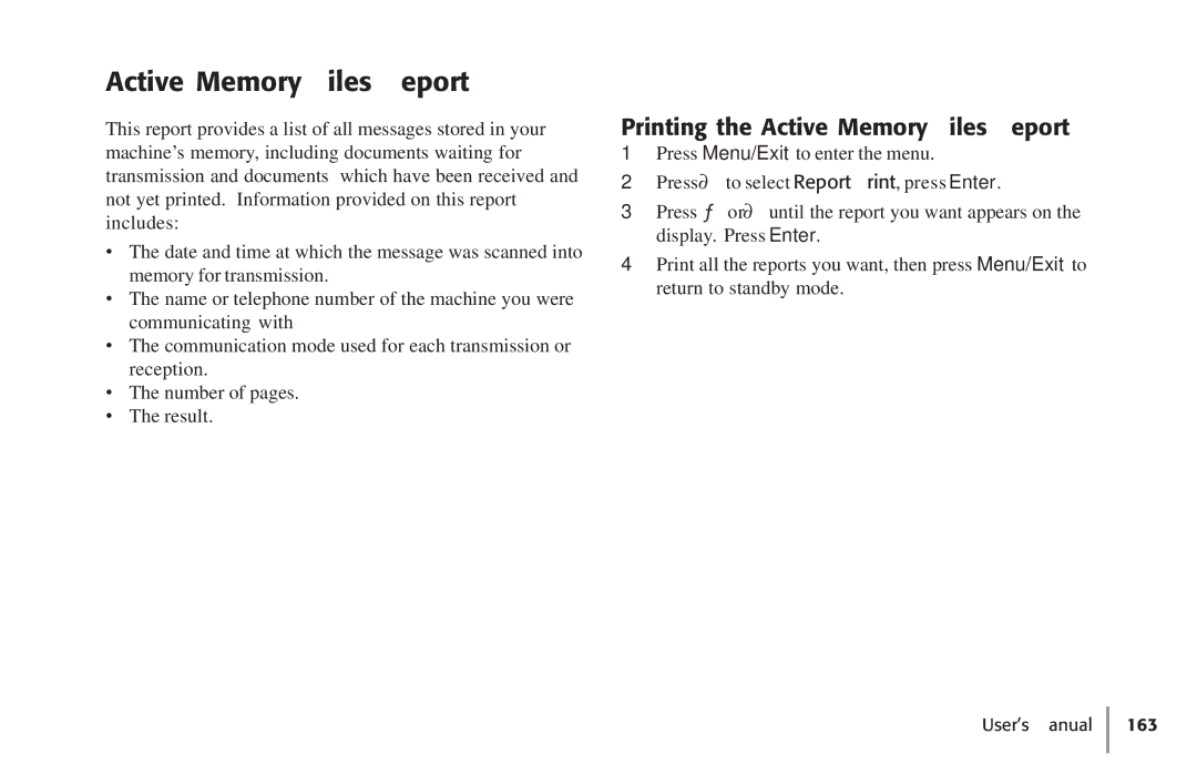 Konica Minolta Fax 9930 user manual Printing the Active Memory Files Report 