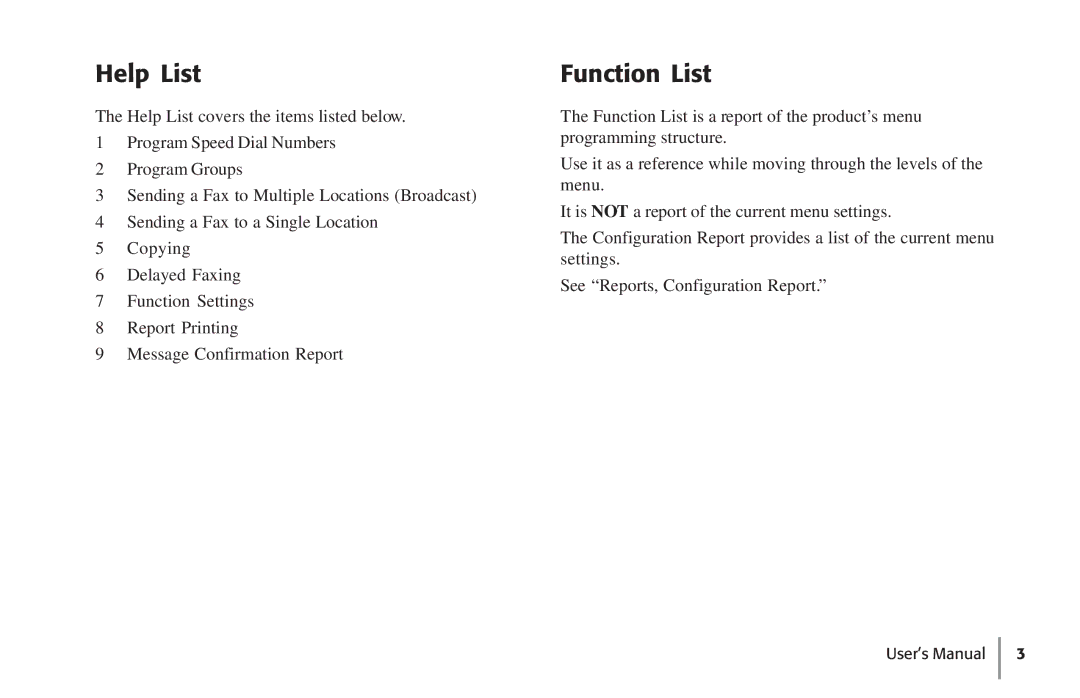 Konica Minolta Fax 9930 user manual Help List, Function List 