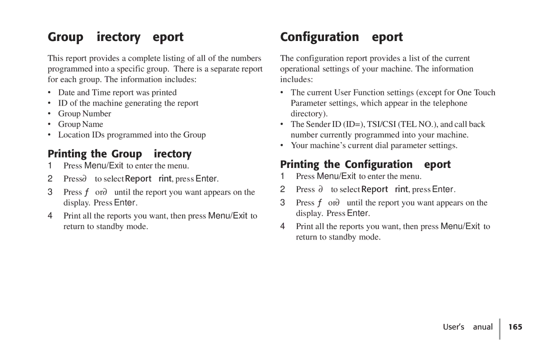 Konica Minolta Fax 9930 user manual Group Directory Report, Configuration Report, Printing the Group Directory 