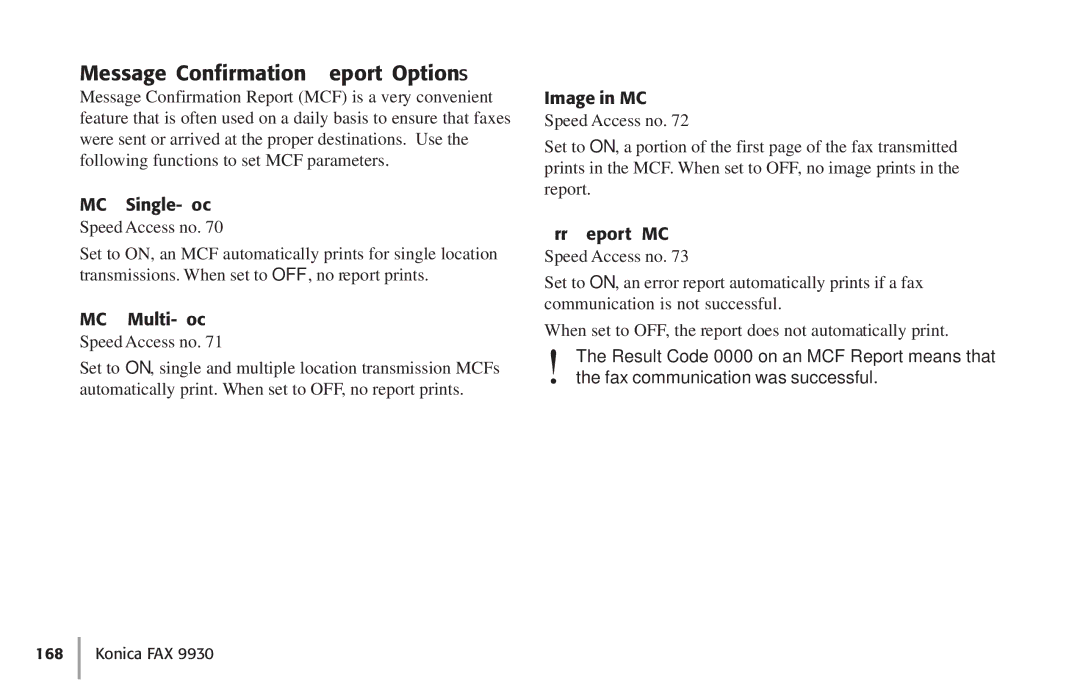 Konica Minolta Fax 9930 Message Confirmation Report Options, MCF Single-Loc, MCF Multi-Loc, Image in MCF, Err. Report MCF 