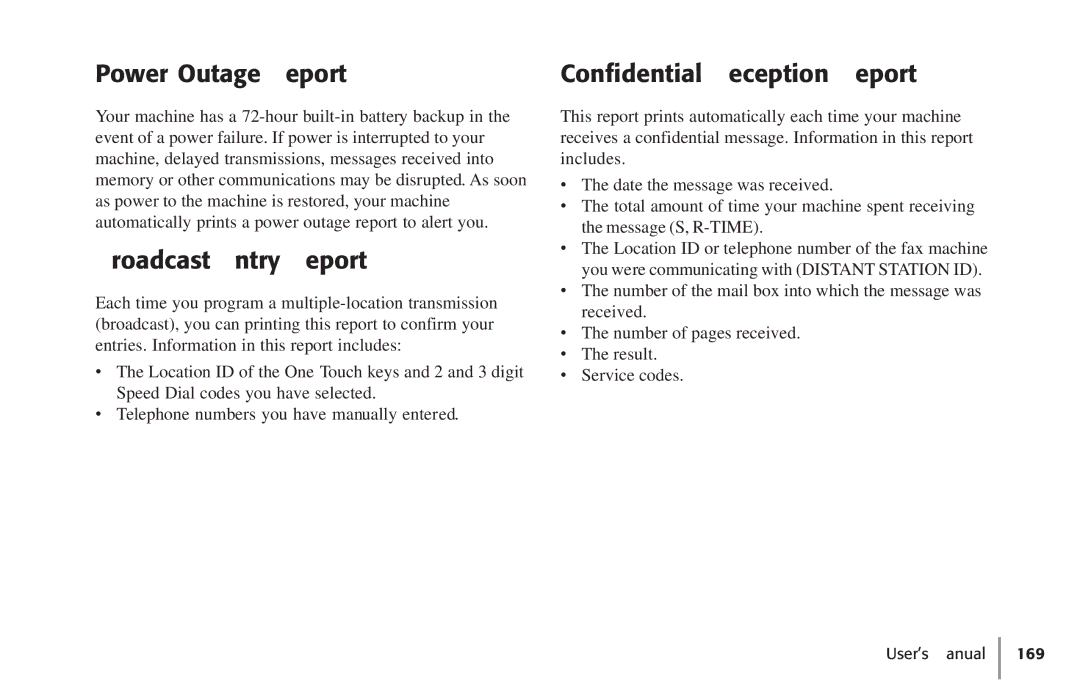 Konica Minolta Fax 9930 user manual Power Outage Report, Broadcast Entry Report, Confidential Reception Report 