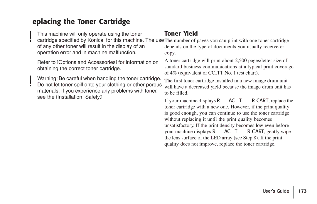 Konica Minolta Fax 9930 user manual Replacing the Toner Cartridge, Toner Yield 
