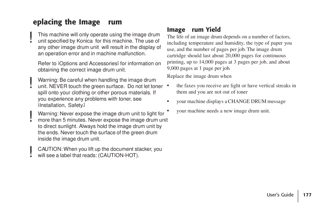 Konica Minolta Fax 9930 user manual Replacing the Image Drum, Image Drum Yield 