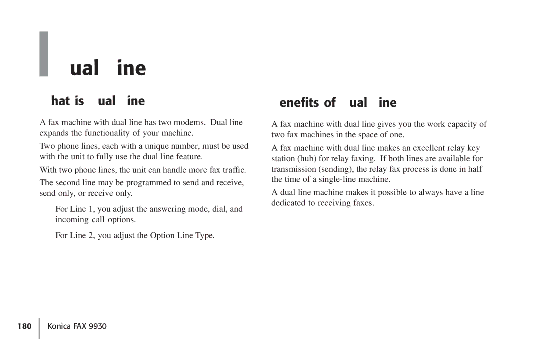 Konica Minolta Fax 9930 user manual What is Dual Line?, Benefits of Dual Line 