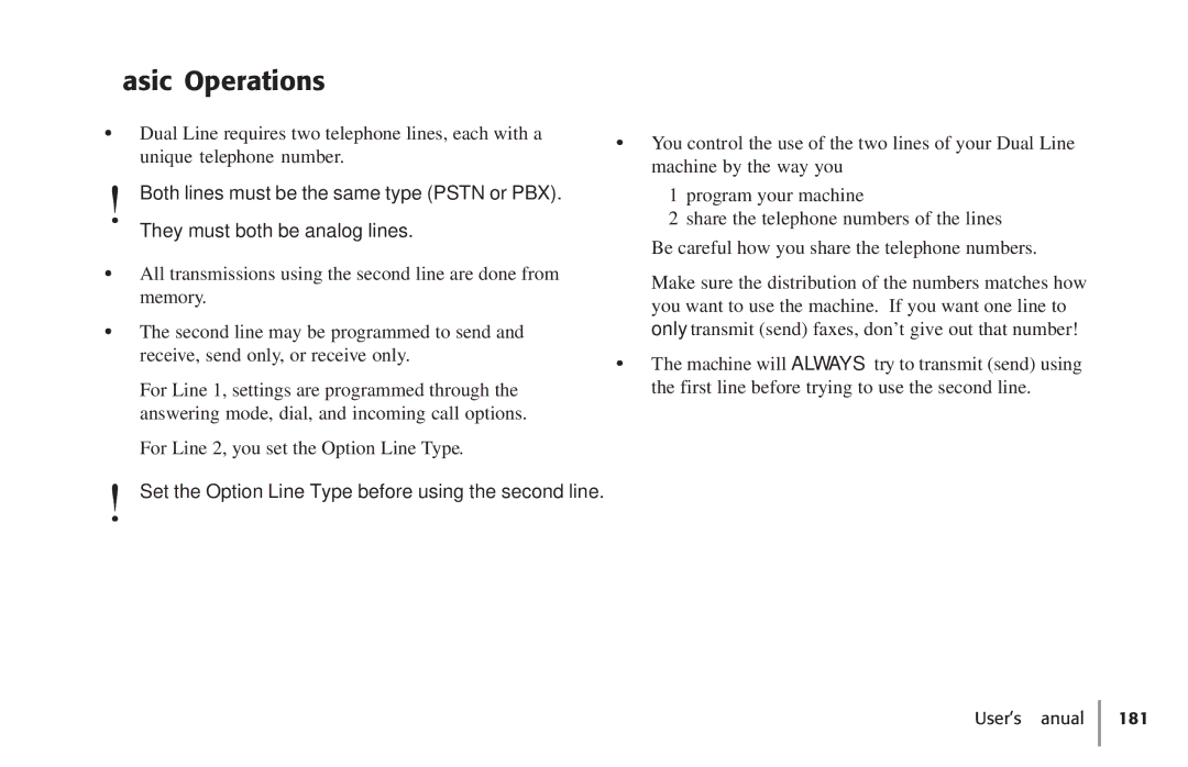 Konica Minolta Fax 9930 user manual Basic Operations, Set the Option Line Type before using the second line 