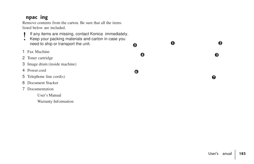 Konica Minolta Fax 9930 user manual Unpacking 