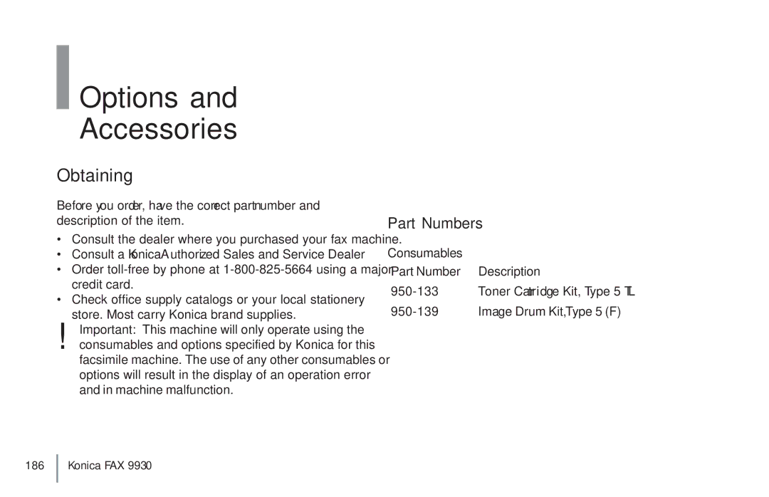 Konica Minolta Fax 9930 user manual Options Accessories, Obtaining, Part Numbers 