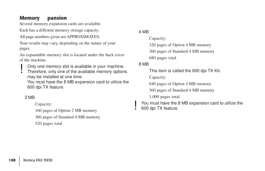Konica Minolta Fax 9930 user manual Memory Expansion 