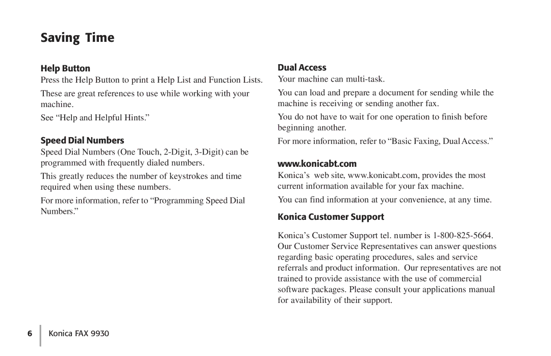 Konica Minolta Fax 9930 user manual Saving Time, Help Button, Speed Dial Numbers, Dual Access, Konica Customer Support 