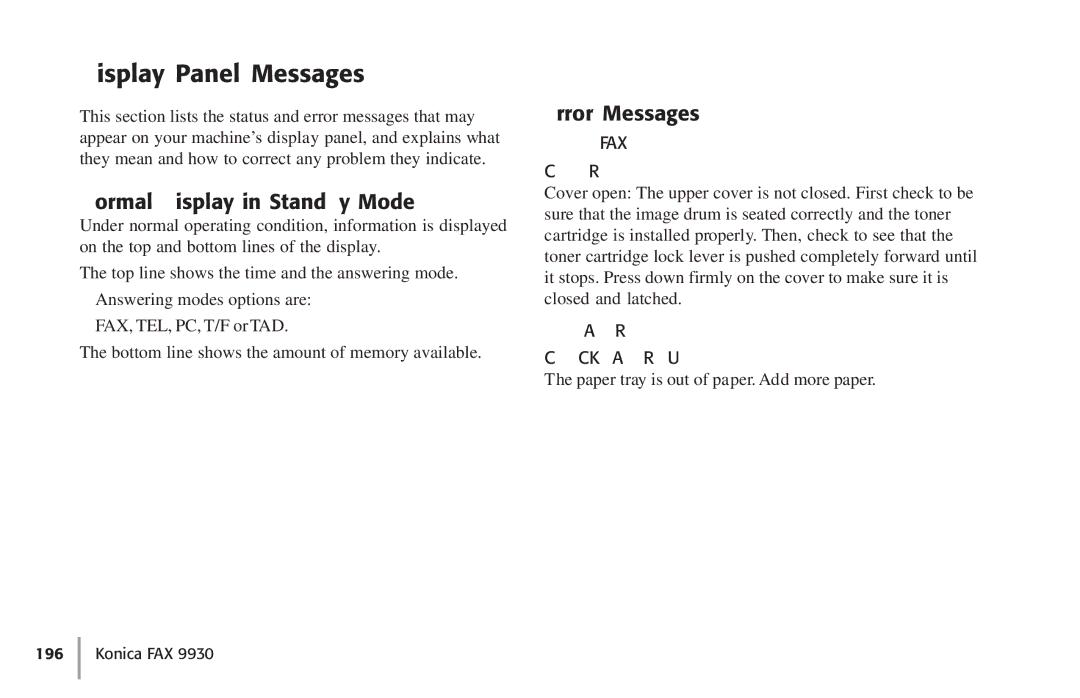 Konica Minolta Fax 9930 user manual Display Panel Messages, Normal Display in Standby Mode, Error Messages, 1414 FAX 