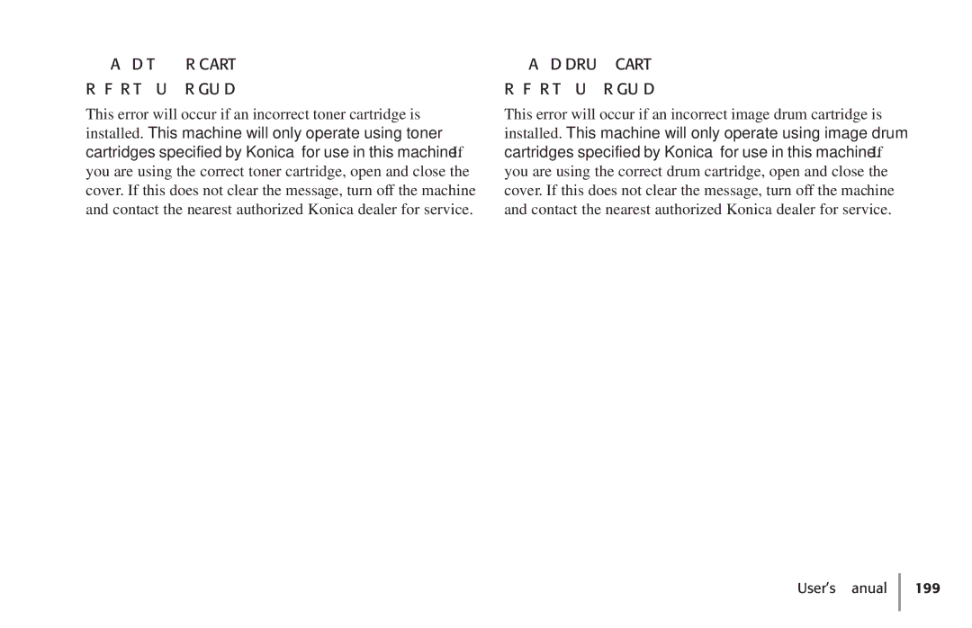 Konica Minolta Fax 9930 user manual Invalid Toner Cart Refer to User Guide 