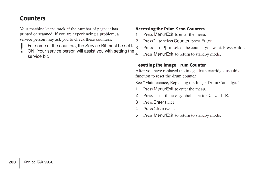 Konica Minolta Fax 9930 user manual Accessing the Print/Scan Counters, Resetting the Image Drum Counter 