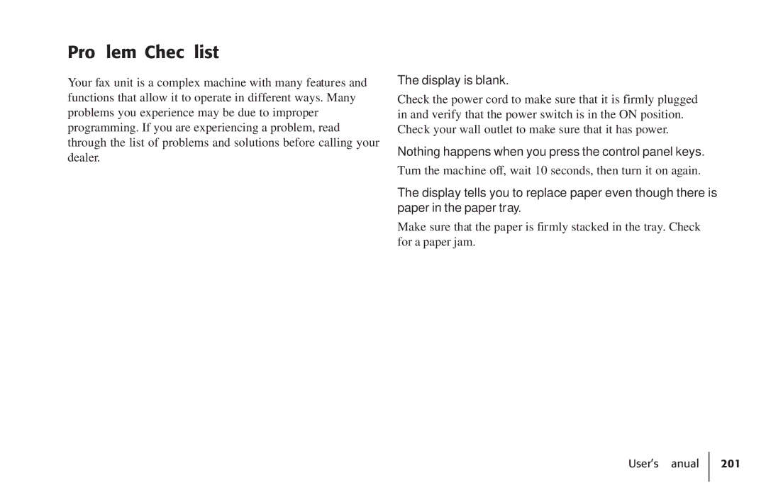 Konica Minolta Fax 9930 Problem Checklist, Display is blank, Nothing happens when you press the control panel keys 