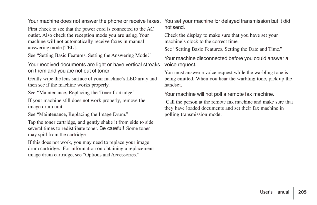 Konica Minolta Fax 9930 user manual Your machine does not answer the phone or receive faxes 