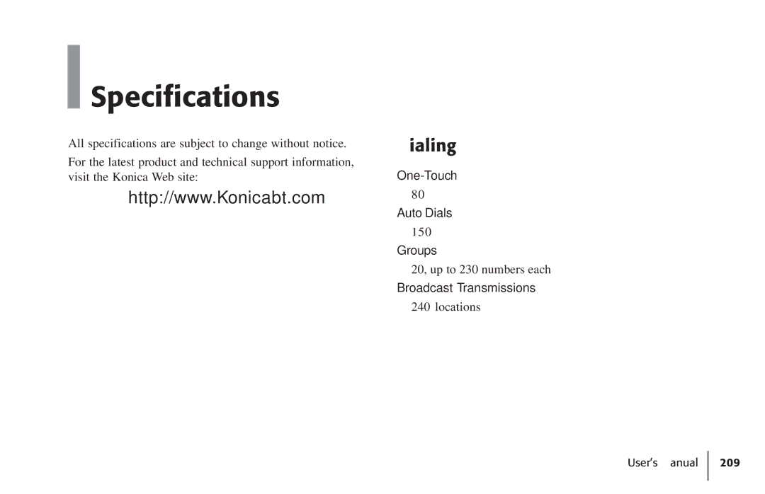 Konica Minolta Fax 9930 user manual Specifications, Dialing, One-Touch Auto Dials, Groups, Broadcast Transmissions 