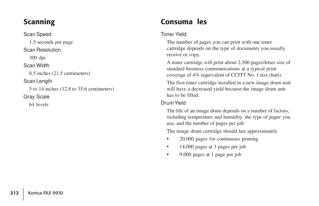 Konica Minolta Fax 9930 user manual Scanning, Consumables 