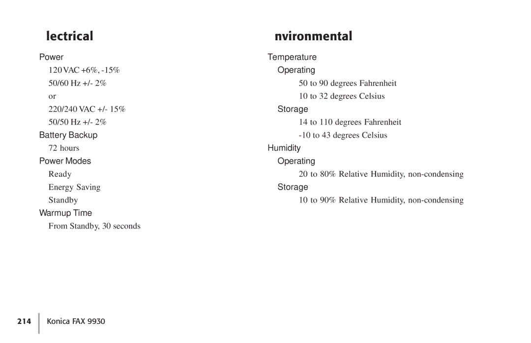 Konica Minolta Fax 9930 user manual Electrical Environmental 