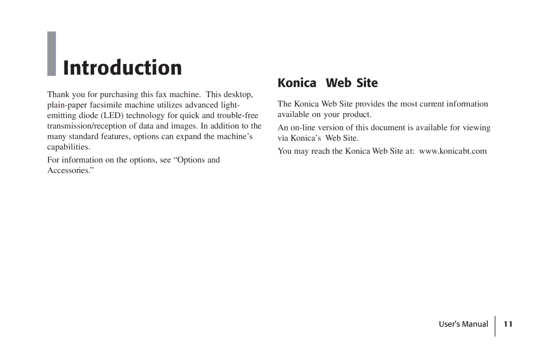 Konica Minolta Fax 9930 user manual Introduction, Konica Web Site 