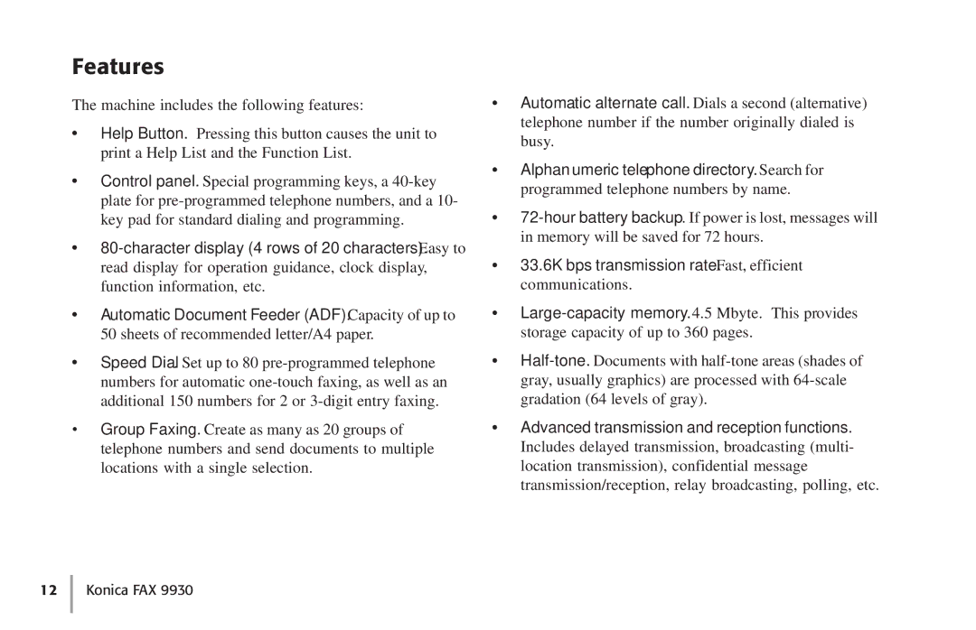Konica Minolta Fax 9930 user manual Features 