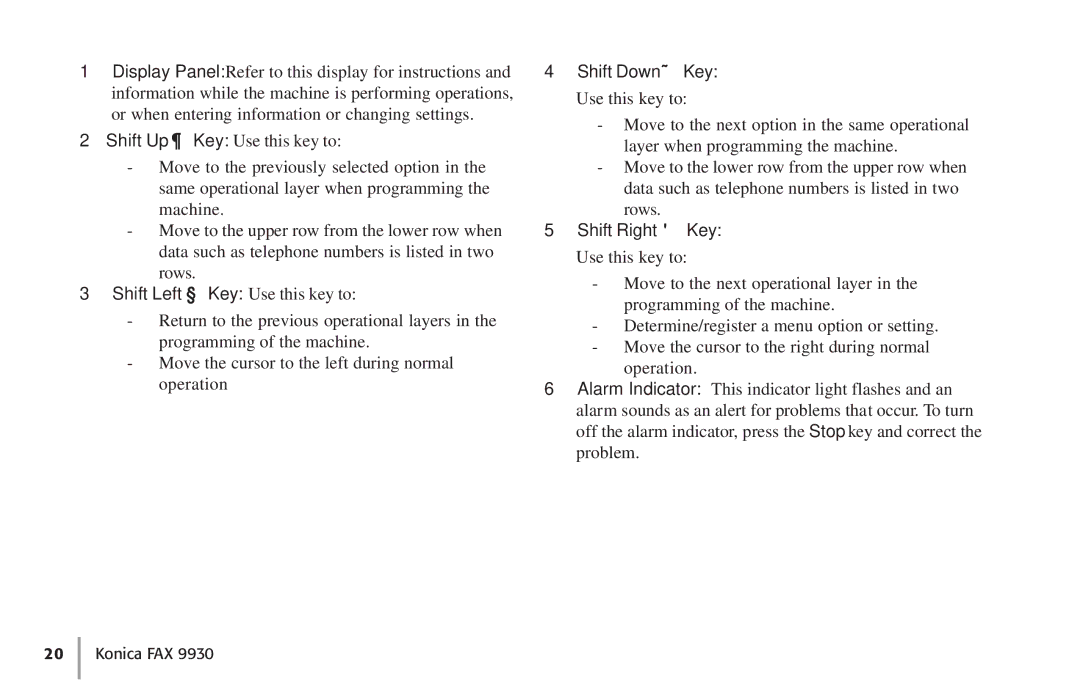 Konica Minolta Fax 9930 Shift Left Key Use this key to, Shift Down Key Use this key to, Shift Right Key Use this key to 