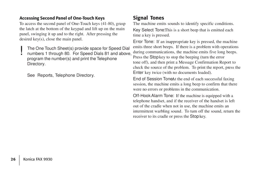 Konica Minolta Fax 9930 user manual Signal Tones, Accessing Second Panel of One-Touch Keys 