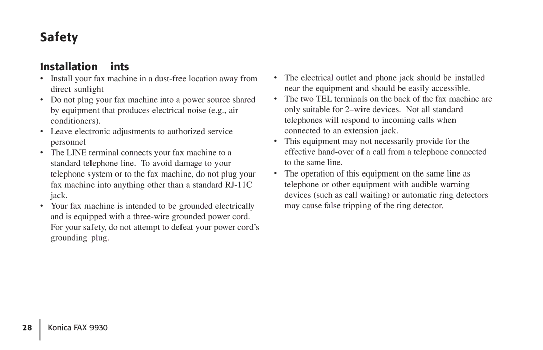 Konica Minolta Fax 9930 user manual Safety, Installation Hints 