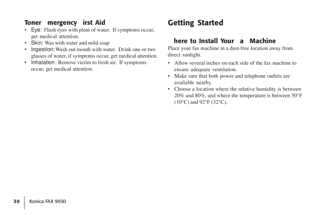 Konica Minolta Fax 9930 user manual Getting Started, Toner Emergency First Aid, Where to Install Your Fax Machine 