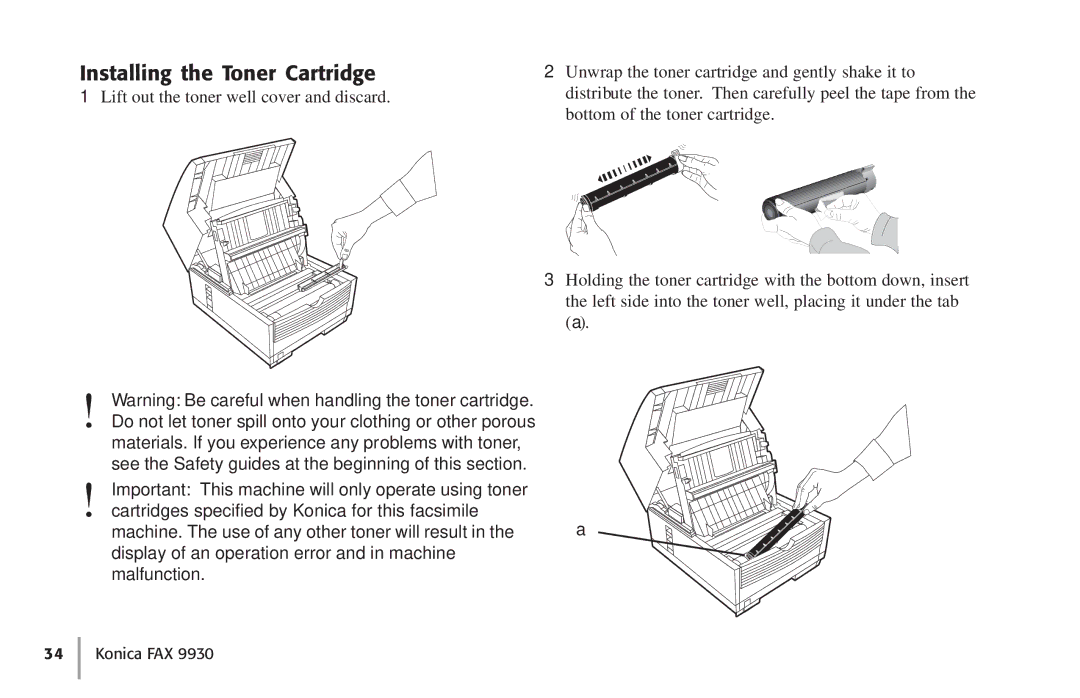 Konica Minolta Fax 9930 user manual Installing the Toner Cartridge 