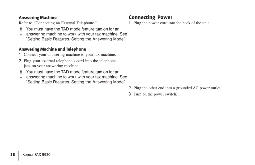 Konica Minolta Fax 9930 user manual Connecting Power, Answering Machine and Telephone 