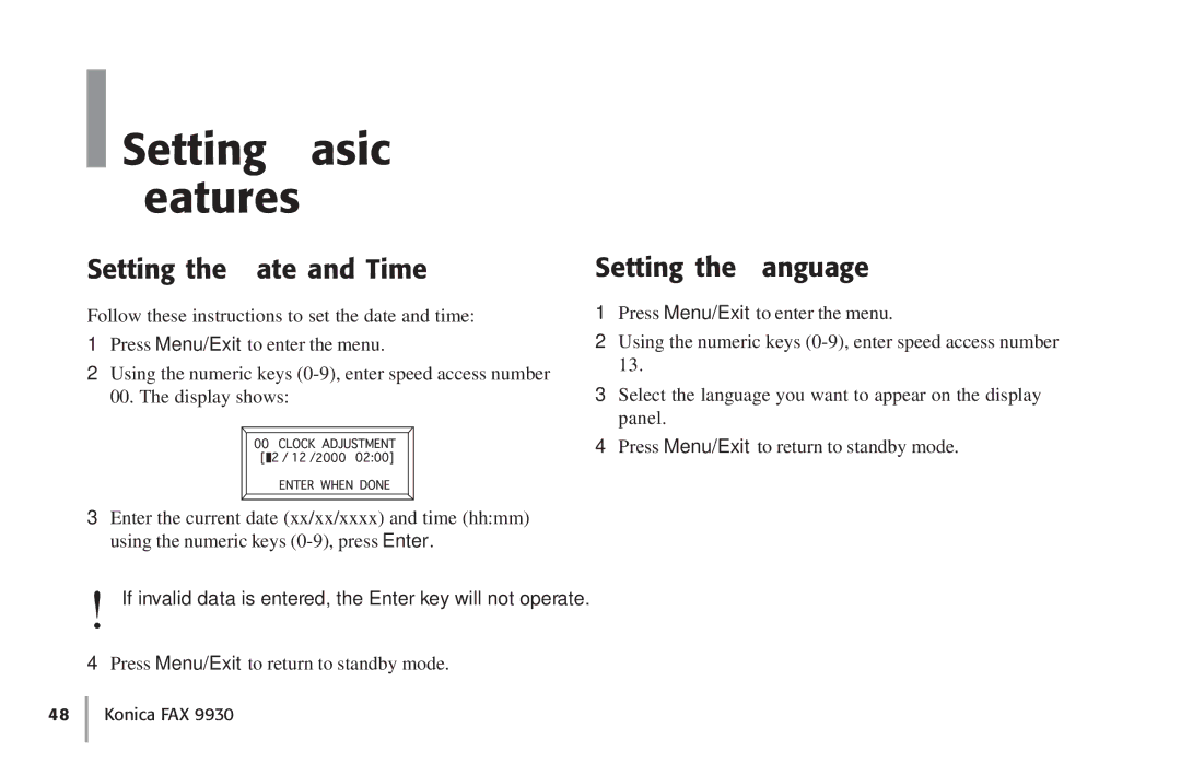 Konica Minolta Fax 9930 user manual Setting Basic Features, Setting the Date and Time, Setting the Language 