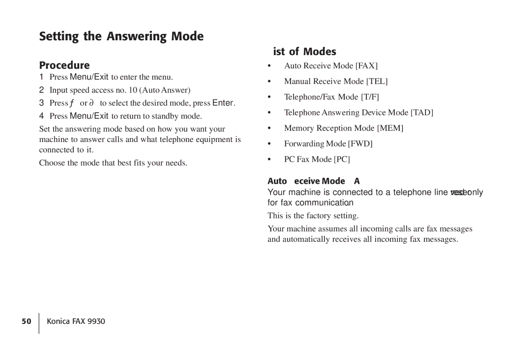 Konica Minolta Fax 9930 user manual Setting the Answering Mode, Procedure, List of Modes, Auto Receive Mode FAX 