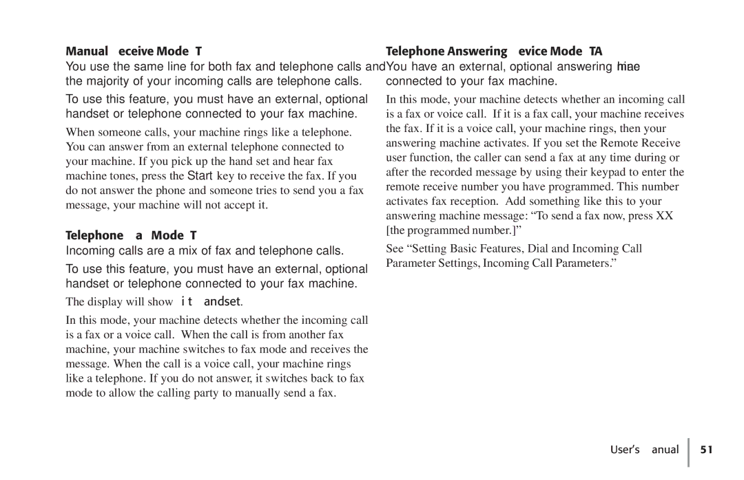 Konica Minolta Fax 9930 user manual Manual Receive Mode TEL, Telephone/Fax Mode T/F, Telephone Answering Device Mode TAD 