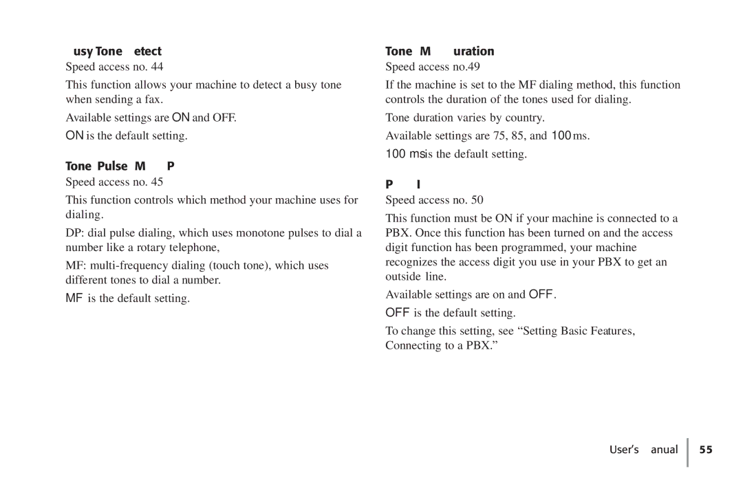 Konica Minolta Fax 9930 user manual Busy Tone Detect, Tone/Pulse MF/DP, Tone MF Duration 