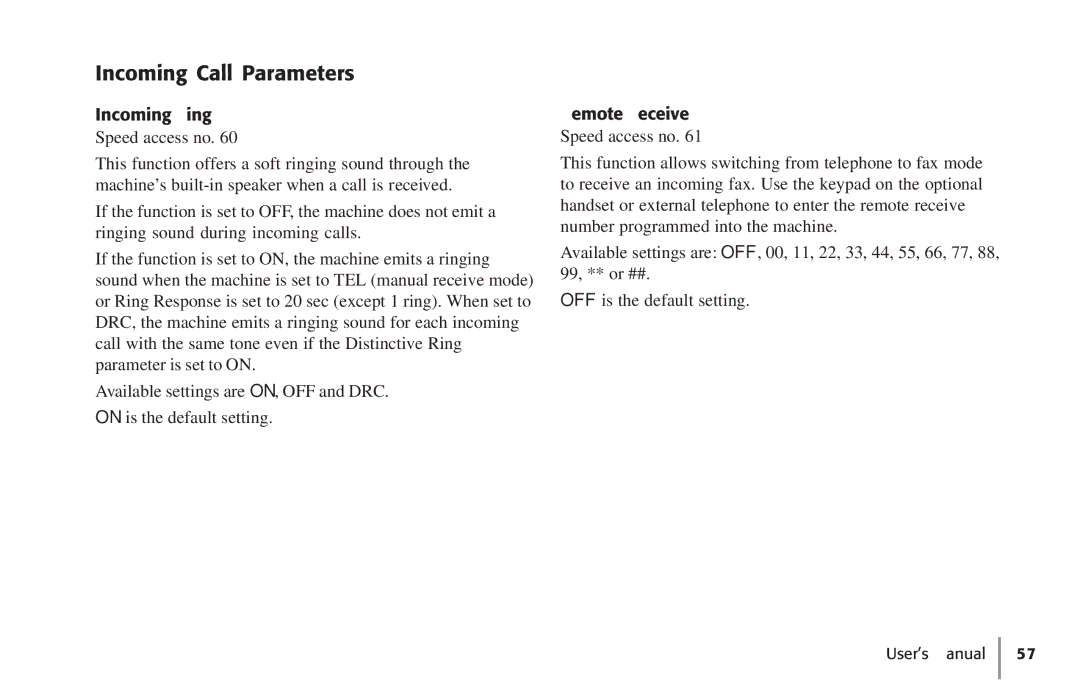 Konica Minolta Fax 9930 user manual Incoming Call Parameters, Incoming Ring, Remote Receive 