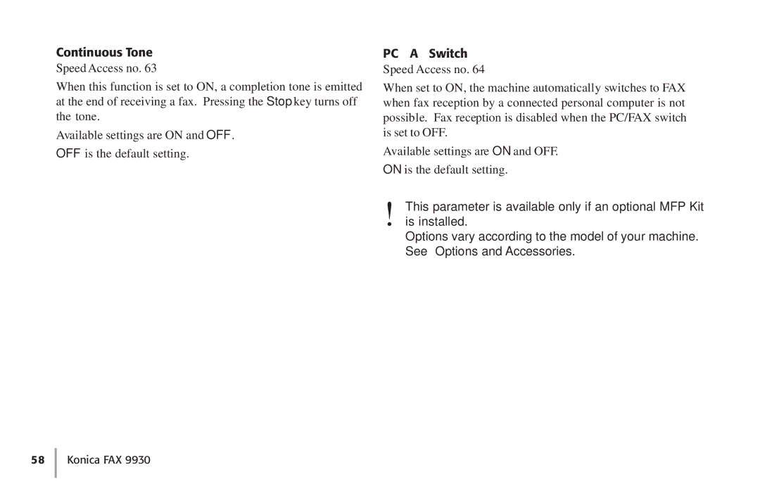 Konica Minolta Fax 9930 user manual Continuous Tone, PC/FAX Switch 