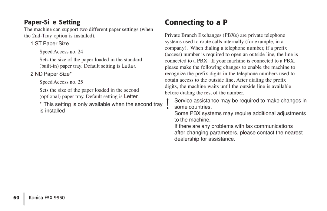 Konica Minolta Fax 9930 user manual Connecting to a PBX, Paper-Size Setting, ’ST Paper Size, ’ND Paper Size 