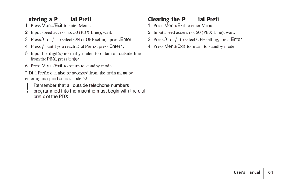 Konica Minolta Fax 9930 user manual Entering a PBX Dial Prefix, Clearing the PBX Dial Prefix 