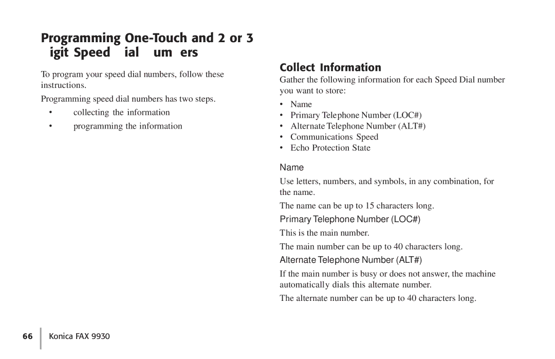 Konica Minolta Fax 9930 user manual Programming One-Touch and 2 or 3 Digit Speed Dial Numbers, Collect Information, Name 