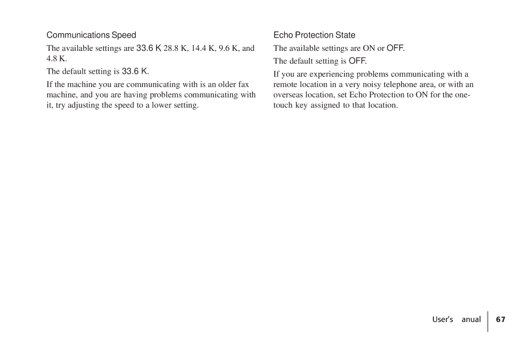 Konica Minolta Fax 9930 user manual Communications Speed, Echo Protection State 